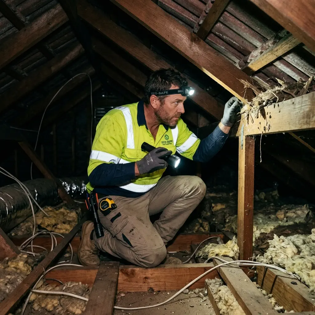 Technician inspecting a roof cavity for a dead animal in Geelong